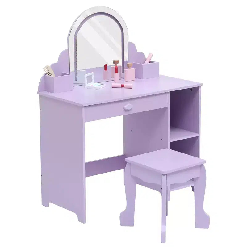 Set toeletta e sgabello per bambini con specchio illuminato, cassetto e ripiani aperti per bambine dai 3 anni in su