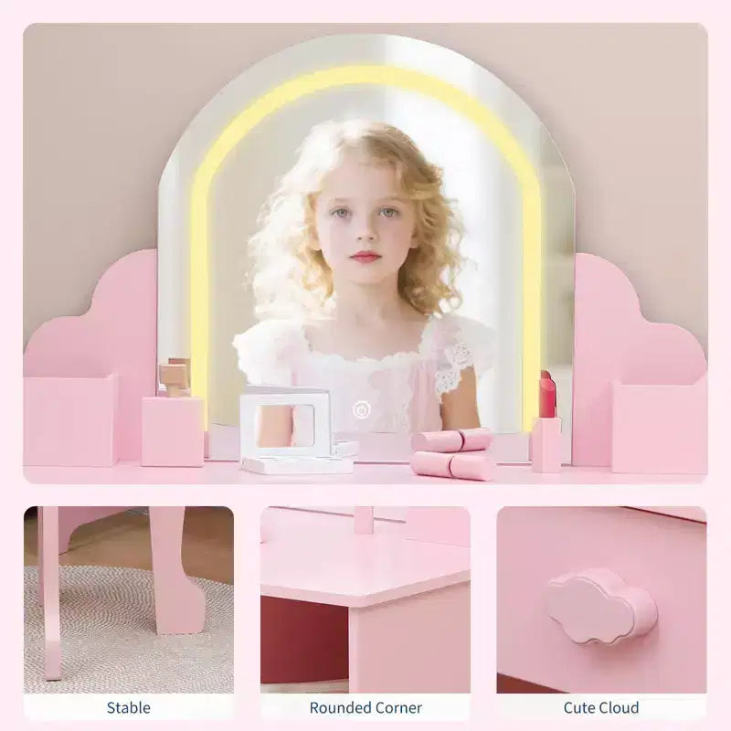 Set toeletta e sgabello per bambini con specchio illuminato, cassetto e ripiani aperti per bambine dai 3 anni in su