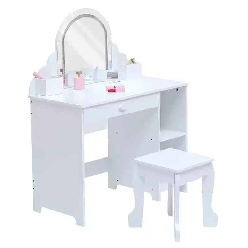 Set toeletta e sgabello per bambini con specchio illuminato, cassetto e ripiani aperti per bambine dai 3 anni in su