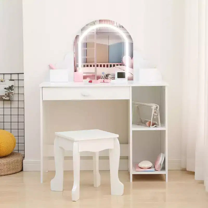 Set toeletta e sgabello per bambini con specchio illuminato, cassetto e ripiani aperti per bambine dai 3 anni in su