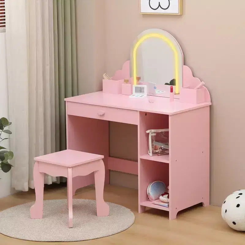Set toeletta e sgabello per bambini con specchio illuminato, cassetto e ripiani aperti per bambine dai 3 anni in su