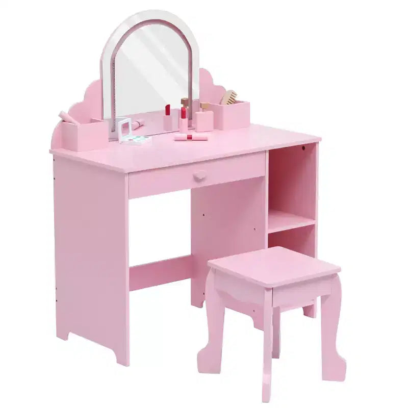 Set toeletta e sgabello per bambini con specchio illuminato, cassetto e ripiani aperti per bambine dai 3 anni in su