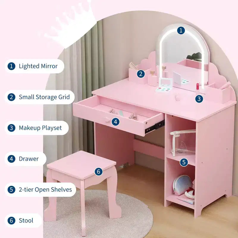 Set toeletta e sgabello per bambini con specchio illuminato, cassetto e ripiani aperti per bambine dai 3 anni in su
