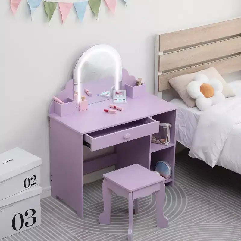 Set toeletta e sgabello per bambini con specchio illuminato, cassetto e ripiani aperti per bambine dai 3 anni in su