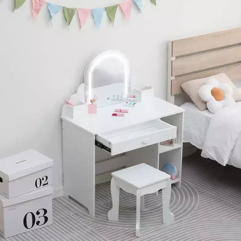 Set toeletta e sgabello per bambini con specchio illuminato, cassetto e ripiani aperti per bambine dai 3 anni in su