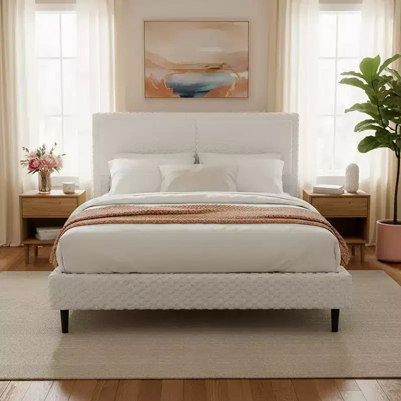 White Plush Upholstered Bed Frame with Soft Dual-Zone Backrest, Rounded Edges and Quiet Stable Support for Cozy Bedrooms, Queen