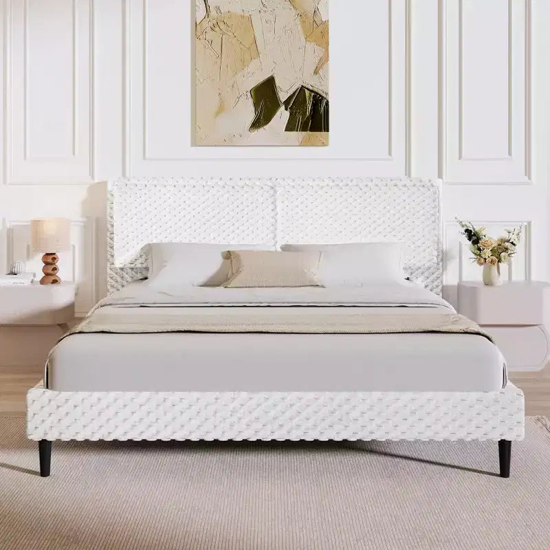 White Plush Upholstered Bed Frame with Soft Dual-Zone Backrest, Rounded Edges and Quiet Stable Support for Cozy Bedrooms, Queen