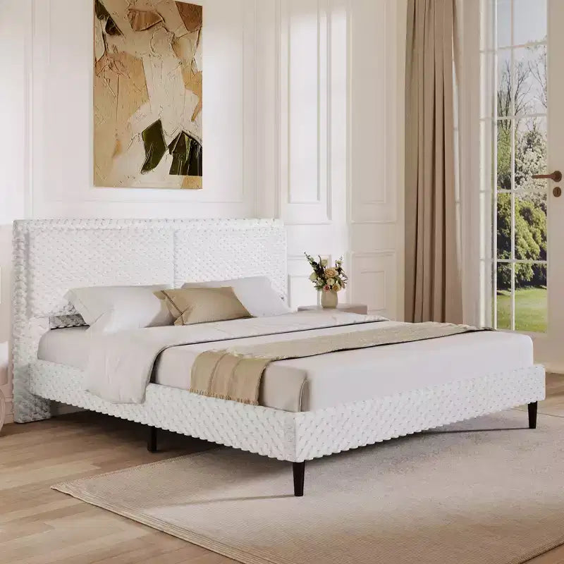 White Plush Upholstered Bed Frame with Soft Dual-Zone Backrest, Rounded Edges and Quiet Stable Support for Cozy Bedrooms, Queen