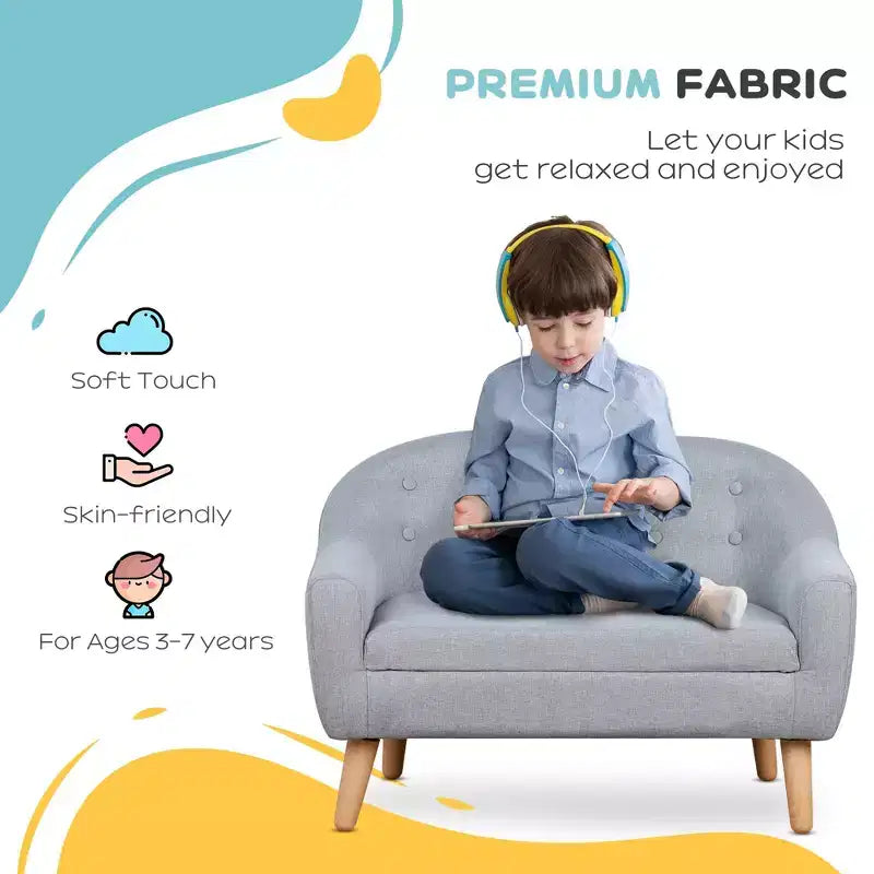 Linen Fabric 2-Seat Kids Sofa Couch with Wood Frame for Ages 3-7 Gray