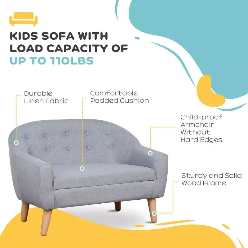 Linen Fabric 2-Seat Kids Sofa Couch with Wood Frame for Ages 3-7 Gray