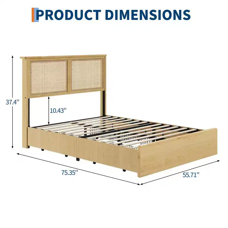 Cadre de lit Coolmee en rotin avec tête de lit en rotin naturel, cadre de lit avec lumières LED, cadre de lit en rotin avec tête de lit, sommier en bois avec lattes silencieuses