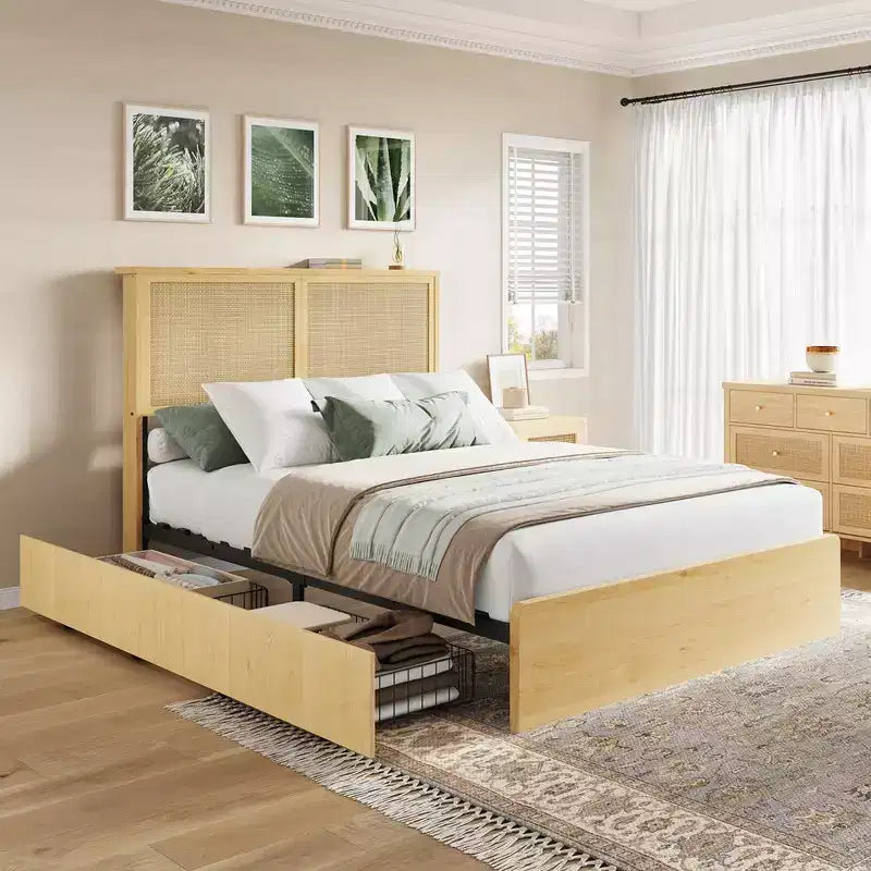 Cadre de lit Coolmee en rotin avec tête de lit en rotin naturel, cadre de lit avec lumières LED, cadre de lit en rotin avec tête de lit, sommier en bois avec lattes silencieuses
