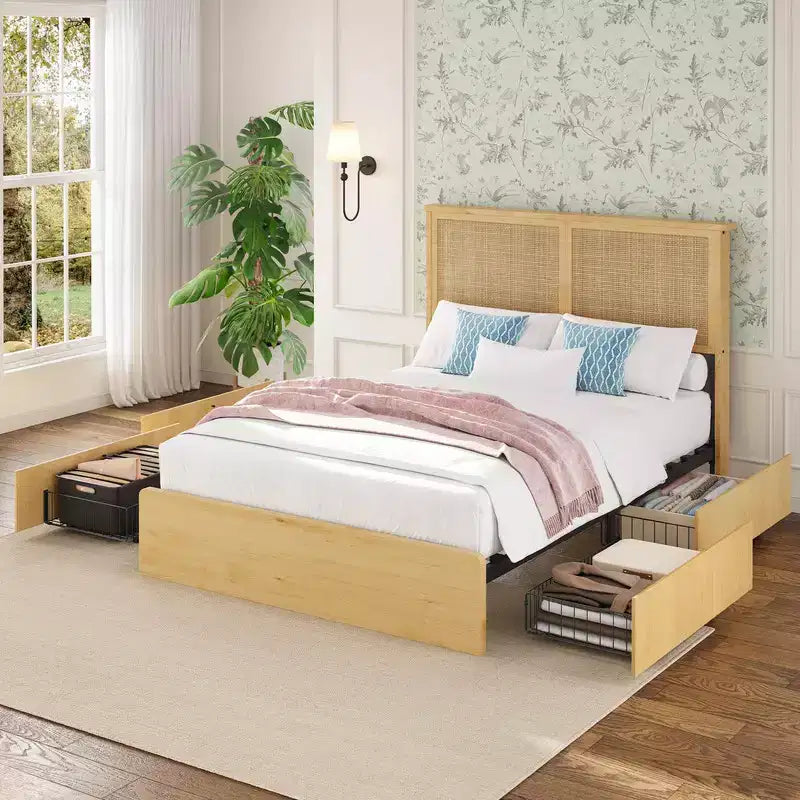 Cadre de lit Coolmee en rotin avec tête de lit en rotin naturel, cadre de lit avec lumières LED, cadre de lit en rotin avec tête de lit, sommier en bois avec lattes silencieuses