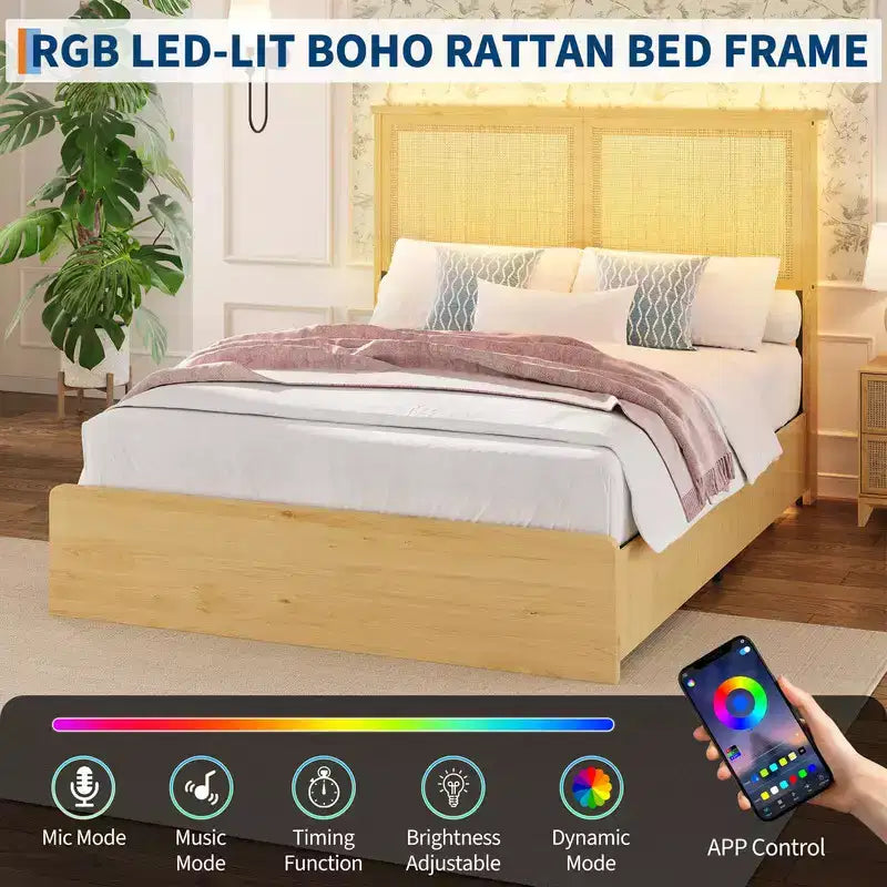Cadre de lit Coolmee en rotin avec tête de lit en rotin naturel, cadre de lit avec lumières LED, cadre de lit en rotin avec tête de lit, sommier en bois avec lattes silencieuses