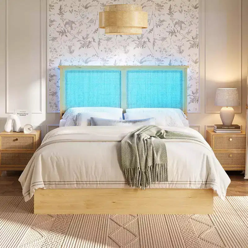 Cadre de lit Coolmee en rotin avec tête de lit en rotin naturel, cadre de lit avec lumières LED, cadre de lit en rotin avec tête de lit, sommier en bois avec lattes silencieuses