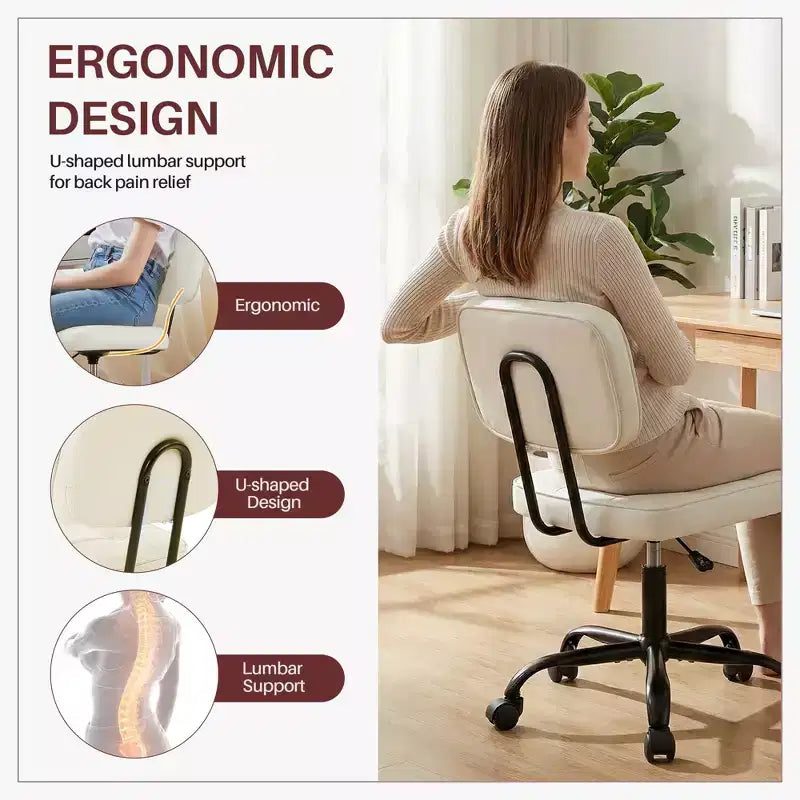 JIONJOY Ergonomic Armless Office Chair, PU Leather Desk Chair with Thickened Cushion, Rolling Chair for Small Spaces, Dorms & Home Office