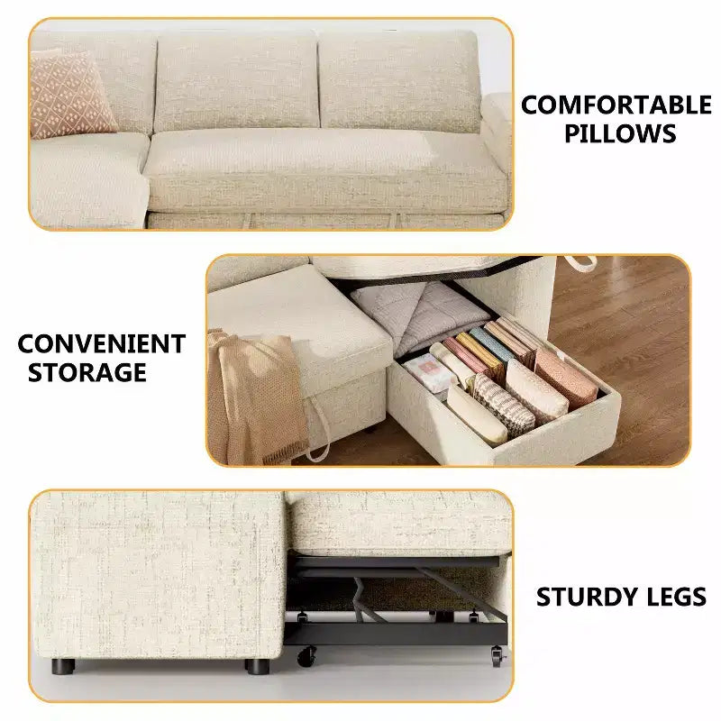 Dyonery 82 Sleeper Sofa Bed, 3-in-1 L-Shaped Reclining Couch with Reversible Storage Chaise, Tool-Free Assembly