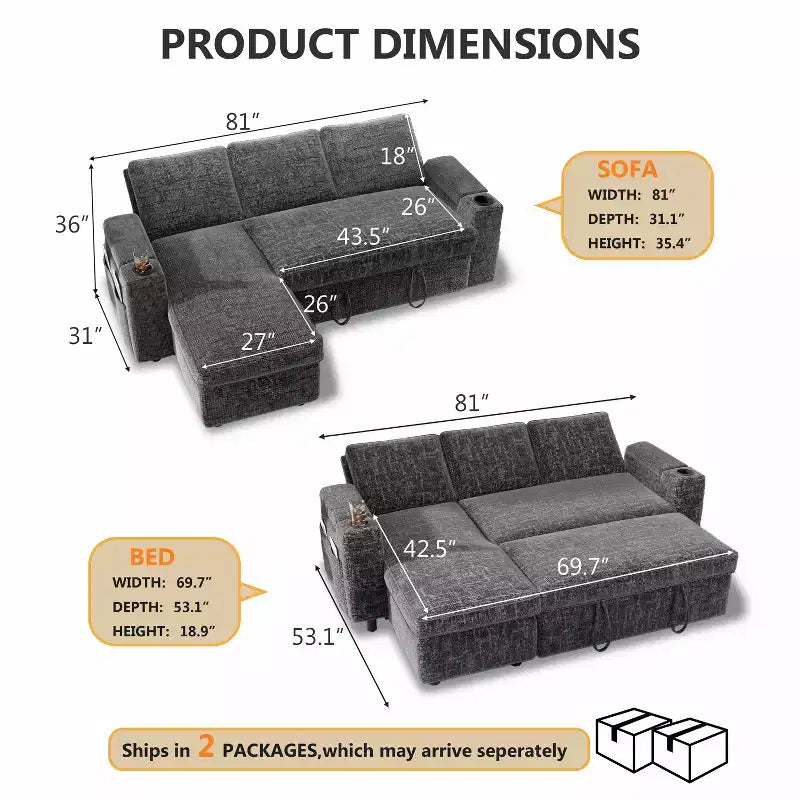 Dyonery 82 Sleeper Sofa Bed, 3-in-1 L-Shaped Reclining Couch with Reversible Storage Chaise, Tool-Free Assembly