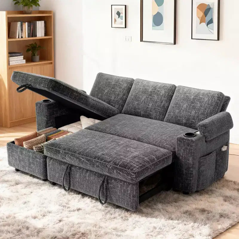 Dyonery 82 Sleeper Sofa Bed, 3-in-1 L-Shaped Reclining Couch with Reversible Storage Chaise, Tool-Free Assembly