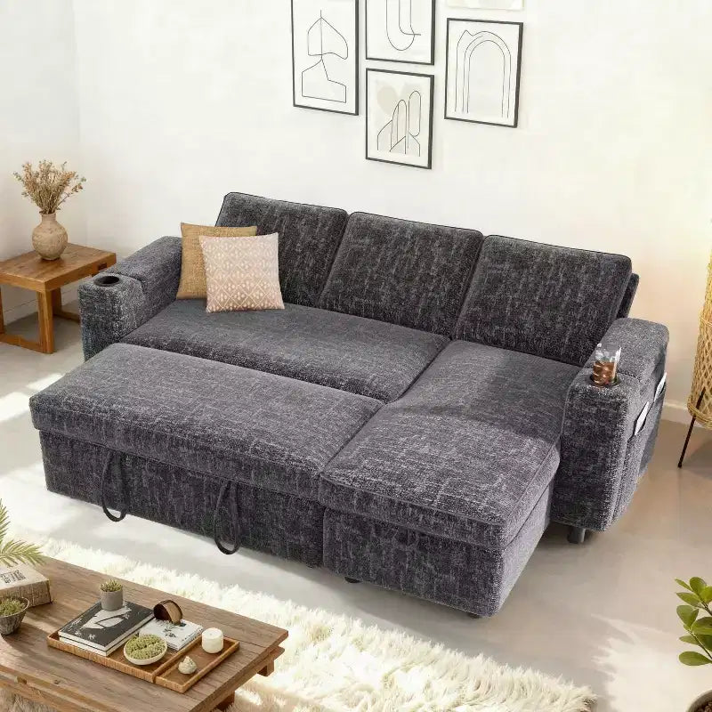 Dyonery 82 Sleeper Sofa Bed, 3-in-1 L-Shaped Reclining Couch with Reversible Storage Chaise, Tool-Free Assembly