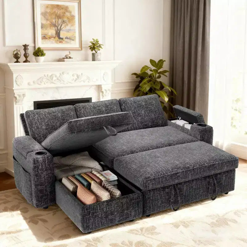 Dyonery 82 Sleeper Sofa Bed, 3-in-1 L-Shaped Reclining Couch with Reversible Storage Chaise, Tool-Free Assembly