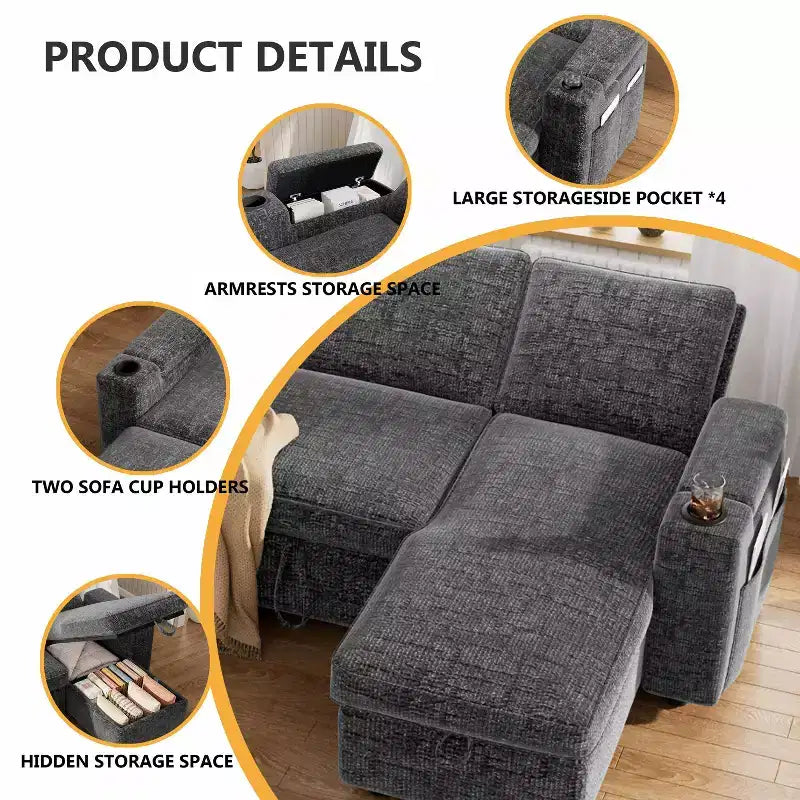 Dyonery 82 Sleeper Sofa Bed, 3-in-1 L-Shaped Reclining Couch with Reversible Storage Chaise, Tool-Free Assembly