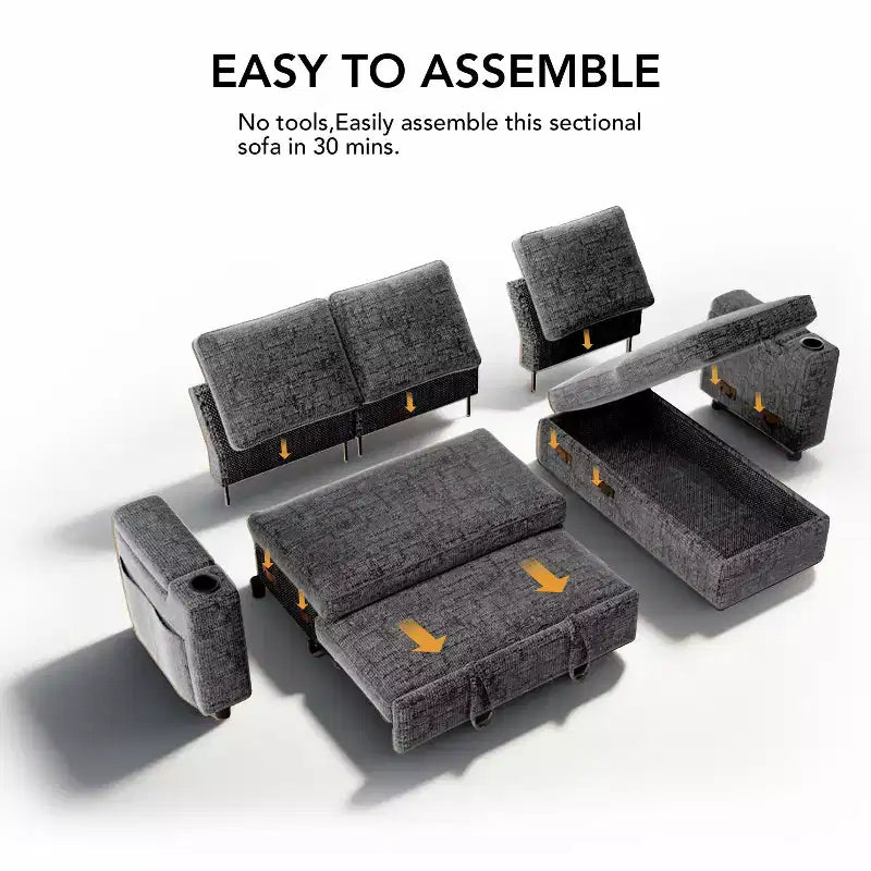 Dyonery 82 Sleeper Sofa Bed, 3-in-1 L-Shaped Reclining Couch with Reversible Storage Chaise, Tool-Free Assembly