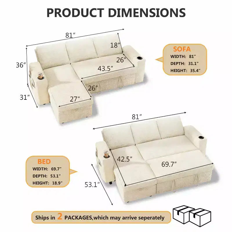 Dyonery 82 Sleeper Sofa Bed, 3-in-1 L-Shaped Reclining Couch with Reversible Storage Chaise, Tool-Free Assembly