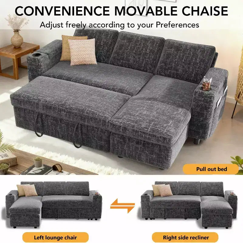 Dyonery 82 Sleeper Sofa Bed, 3-in-1 L-Shaped Reclining Couch with Reversible Storage Chaise, Tool-Free Assembly