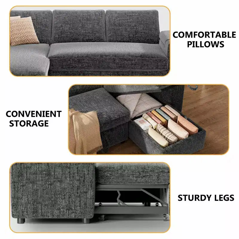 Dyonery 82 Sleeper Sofa Bed, 3-in-1 L-Shaped Reclining Couch with Reversible Storage Chaise, Tool-Free Assembly
