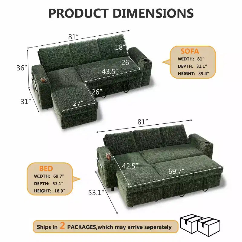 Dyonery 82 Sleeper Sofa Bed, 3-in-1 L-Shaped Reclining Couch with Reversible Storage Chaise, Tool-Free Assembly