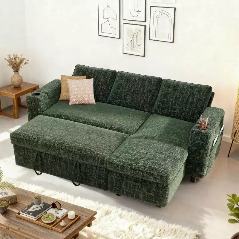 Dyonery 82 Sleeper Sofa Bed, 3-in-1 L-Shaped Reclining Couch with Reversible Storage Chaise, Tool-Free Assembly