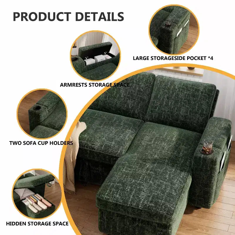 Dyonery 82 Sleeper Sofa Bed, 3-in-1 L-Shaped Reclining Couch with Reversible Storage Chaise, Tool-Free Assembly