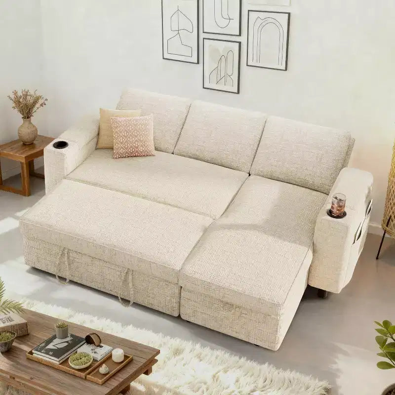 Dyonery 82 Sleeper Sofa Bed, 3-in-1 L-Shaped Reclining Couch with Reversible Storage Chaise, Tool-Free Assembly