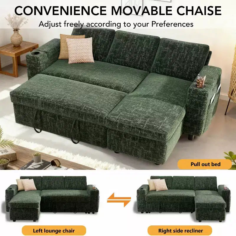 Dyonery 82 Sleeper Sofa Bed, 3-in-1 L-Shaped Reclining Couch with Reversible Storage Chaise, Tool-Free Assembly