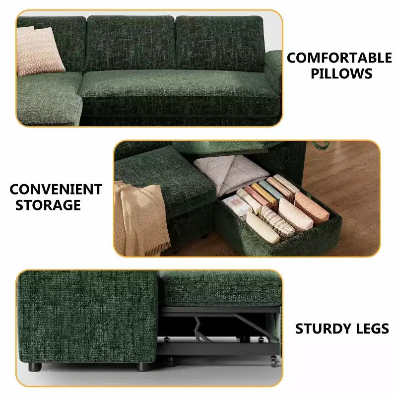 Dyonery 82 Sleeper Sofa Bed, 3-in-1 L-Shaped Reclining Couch with Reversible Storage Chaise, Tool-Free Assembly