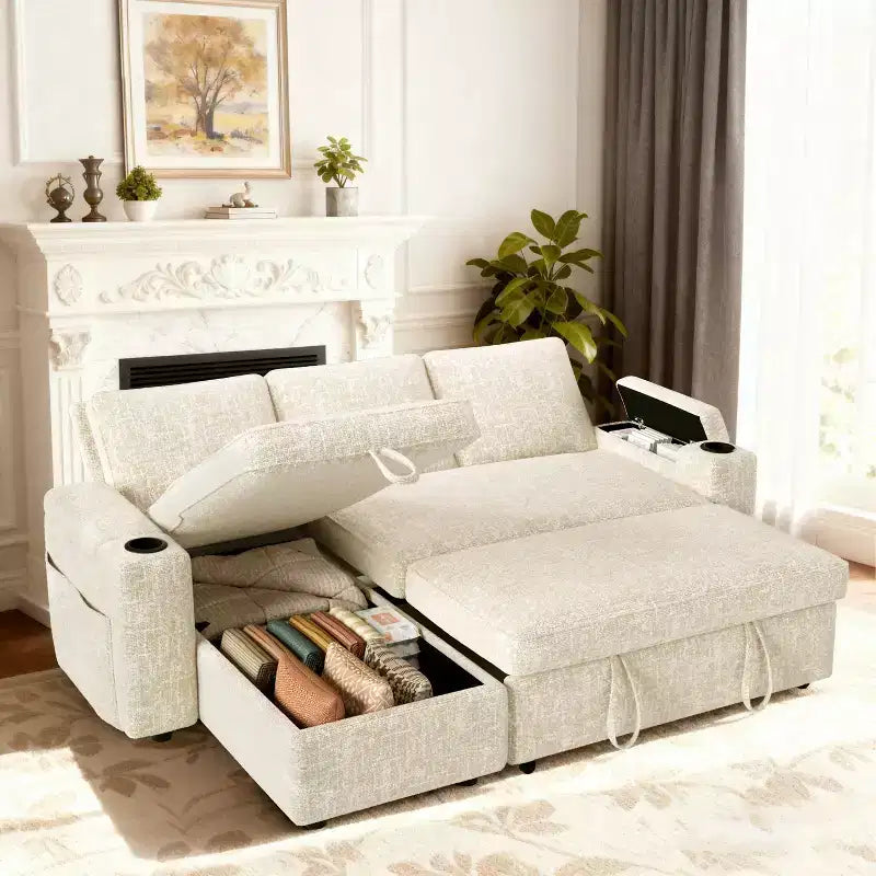 Dyonery 82 Sleeper Sofa Bed, 3-in-1 L-Shaped Reclining Couch with Reversible Storage Chaise, Tool-Free Assembly