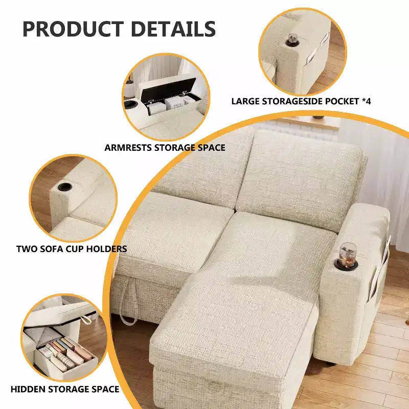 Dyonery 82 Sleeper Sofa Bed, 3-in-1 L-Shaped Reclining Couch with Reversible Storage Chaise, Tool-Free Assembly