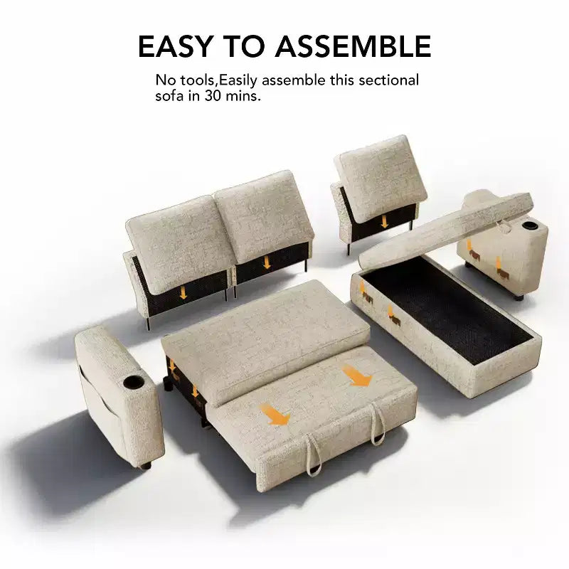 Dyonery 82 Sleeper Sofa Bed, 3-in-1 L-Shaped Reclining Couch with Reversible Storage Chaise, Tool-Free Assembly