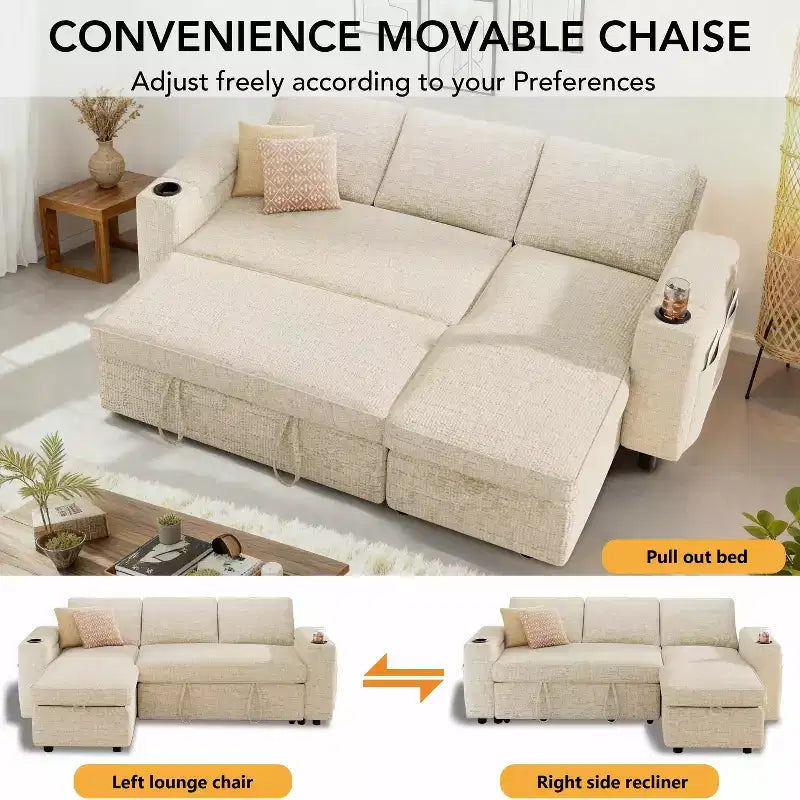 Dyonery 82 Sleeper Sofa Bed, 3-in-1 L-Shaped Reclining Couch with Reversible Storage Chaise, Tool-Free Assembly