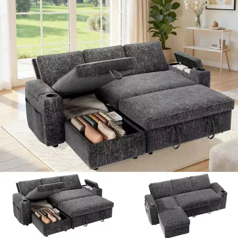 Canapé-lit Dyonery 82, canapé inclinable en forme de L 3-en-1 avec chaise longue de rangement réversible, assemblage sans outils