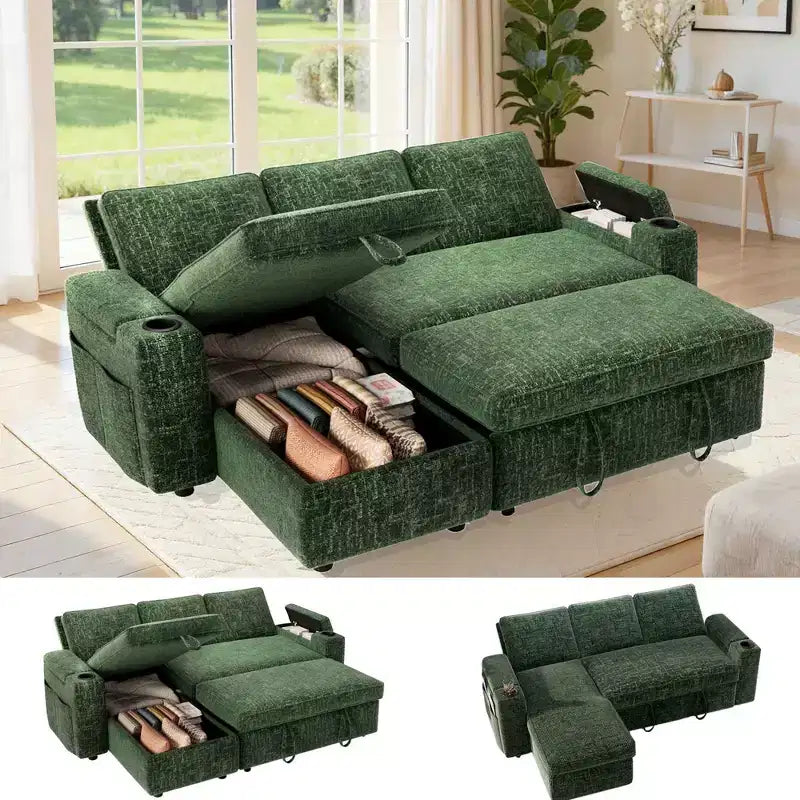 Dyonery 82 Sleeper Sofa Bed, 3-in-1 L-Shaped Reclining Couch with Reversible Storage Chaise, Tool-Free Assembly