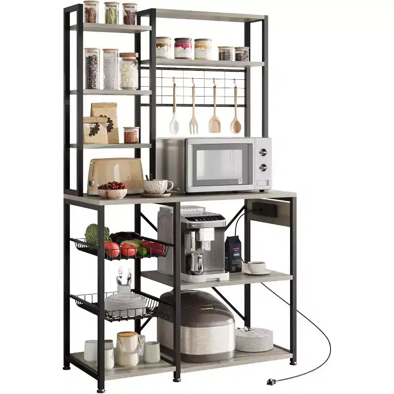 7-Tier Bakers Rack with Power Outlet  Large Microwave Stand & Coffee Bar  2 Wire Drawers, Hooks,Freestanding Kitchen Oven Shelf  For Kitchen