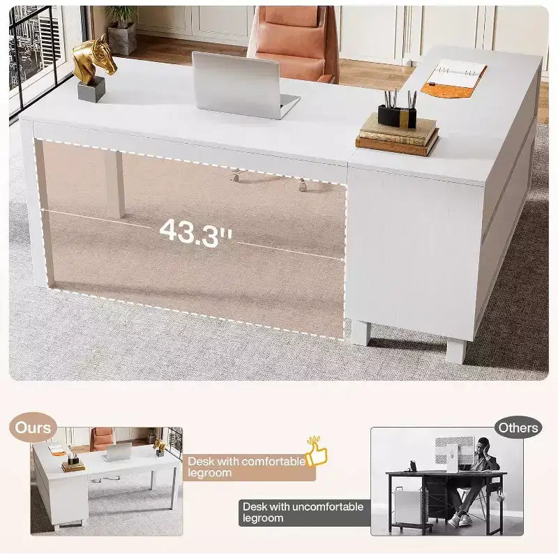 Bureau d'angle en L Lantine 59 avec classeur, bureau de direction à domicile avec étagères de rangement, bureau d'ordinateur moderne en bois pour le travail et les études (marron rustique)