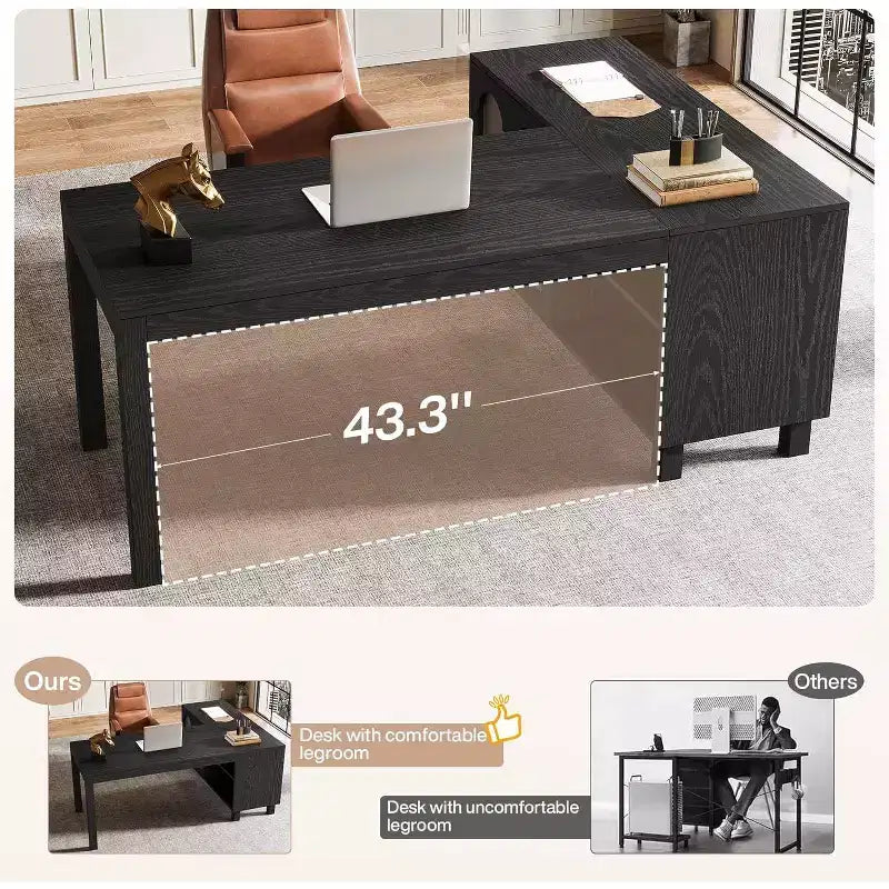 Lantine 59 L Shaped Desk with File Cabinet, Executive Home Office Desk with Storage Shelves, Modern Wood Computer Desk for Work, Study (Rustic Brown)