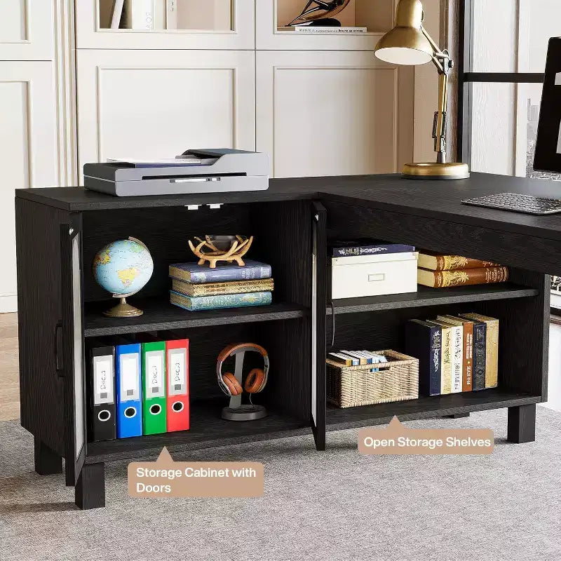 Lantine 59 L Shaped Desk with File Cabinet, Executive Home Office Desk with Storage Shelves, Modern Wood Computer Desk for Work, Study (Rustic Brown)
