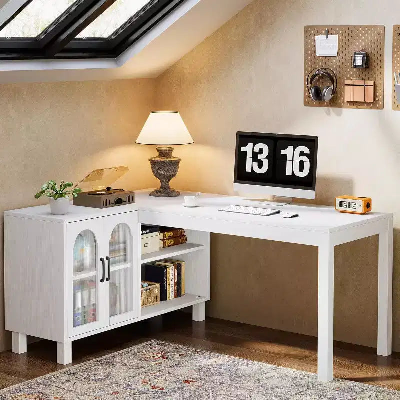 Lantine 59 L Shaped Desk with File Cabinet, Executive Home Office Desk with Storage Shelves, Modern Wood Computer Desk for Work, Study (Rustic Brown)