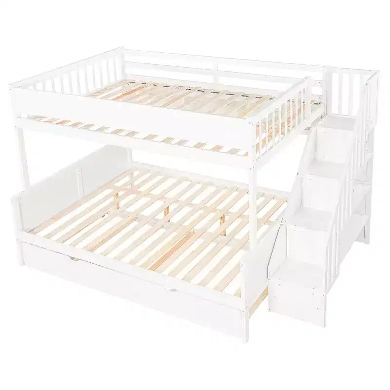 Letto a castello Full XL sopra Queen con letto estraibile, ripiani, scala e luce