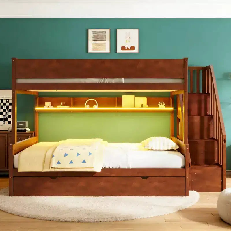 Letto a castello Full XL sopra Queen con letto estraibile, ripiani, scala e luce