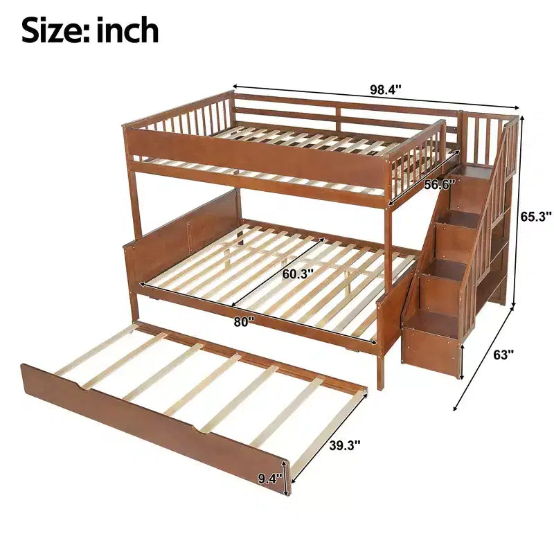 Letto a castello Full XL sopra Queen con letto estraibile, ripiani, scala e luce